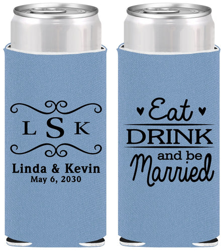 Personalized Wedding Slim Can Coolers - Eat Drink Be Married | 463