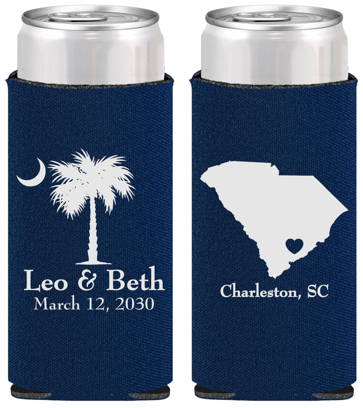 Personalized Wedding Slim Can Coolers - Palmetto Tree | 476
