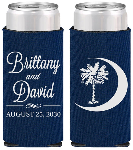 Personalized Wedding Slim Can Coolers - Palmetto Tree | 478