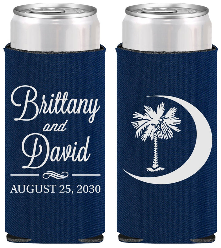 Personalized Wedding Slim Can Coolers - Palmetto Tree | 478