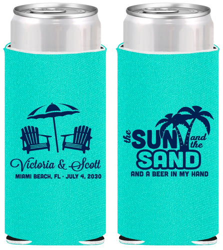Personalized Wedding Slim Can Coolers - Sun Sand Drink In My Hand | 479