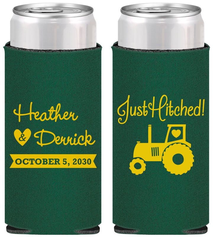 Personalized Wedding Slim Can Coolers - Just Hitched Tractor | 482