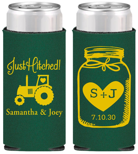 Personalized Wedding Slim Can Coolers - Just Hitched Mason Jar | 483