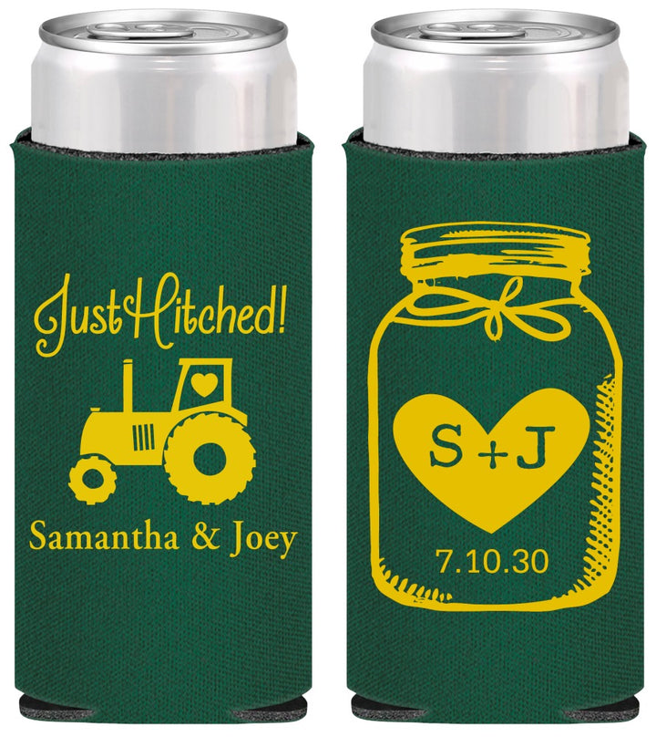 Personalized Wedding Slim Can Coolers - Just Hitched Mason Jar | 483