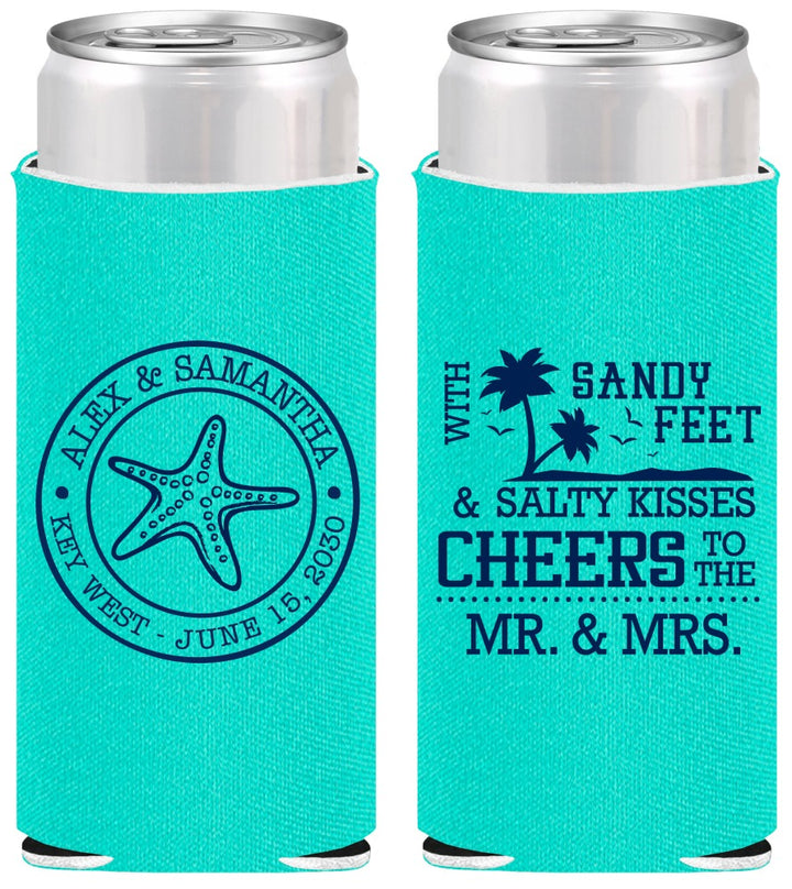 Personalized Wedding Slim Can Coolers - Sandy Feet Salty Kisses | 488