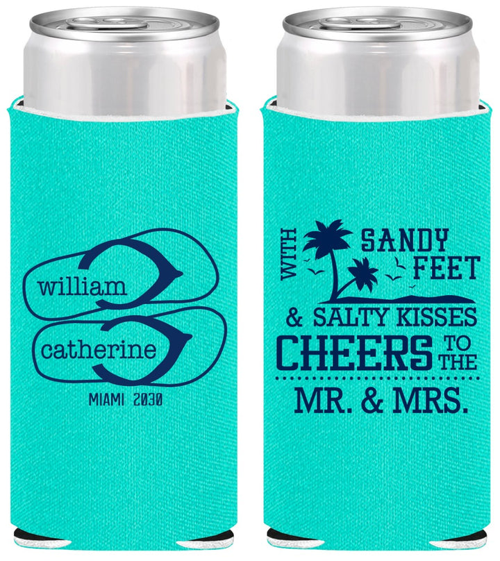 Personalized Wedding Slim Can Coolers - Sandy Feet Salty Kisses | 490