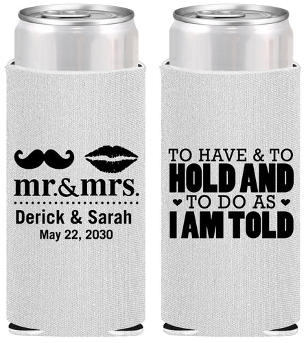 Personalized Wedding Slim Can Coolers - To Have And To Hold | 491