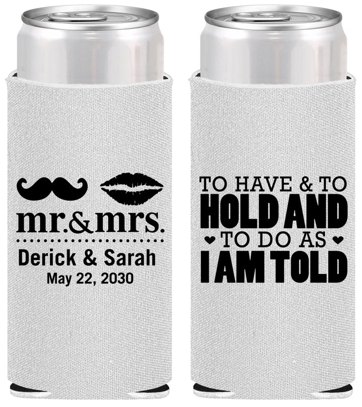 Personalized Wedding Slim Can Coolers - To Have And To Hold | 491