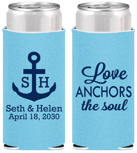 Personalized Wedding Slim Can Coolers - Love Anchors The Soul | 494