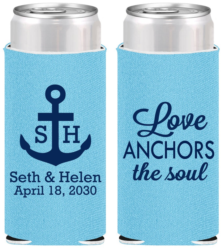 Personalized Wedding Slim Can Coolers - Love Anchors The Soul | 494