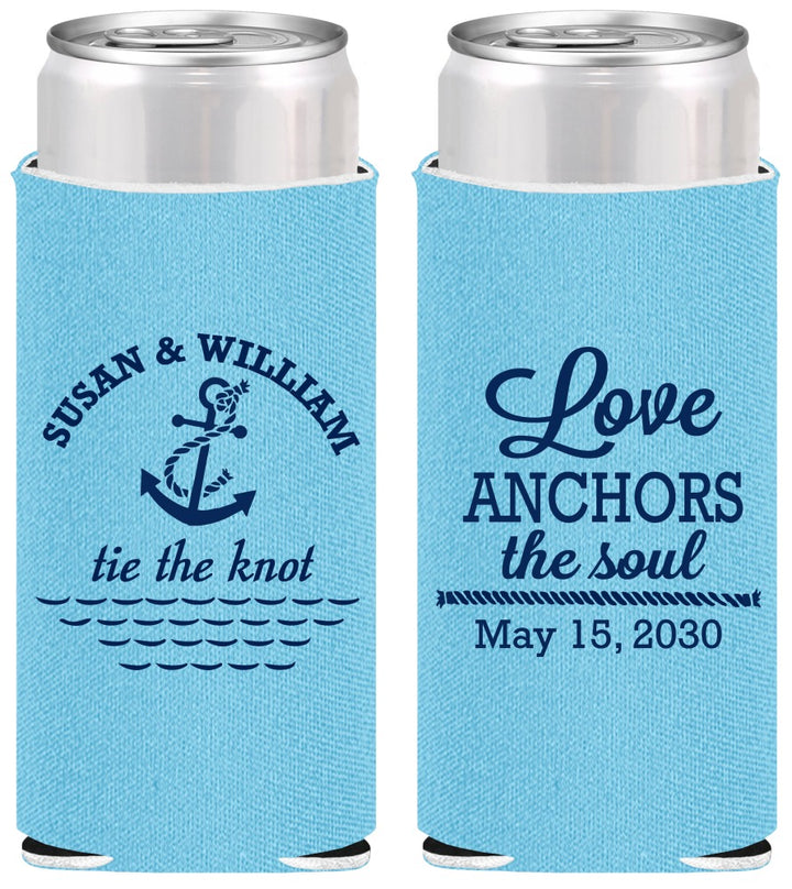 Personalized Wedding Slim Can Coolers - Love Anchors The Soul | 498