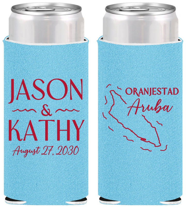 Personalized Wedding Slim Can Coolers - Aruba | 504