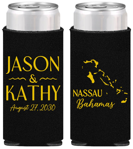 Personalized Wedding Slim Can Coolers - Bahamas | 506