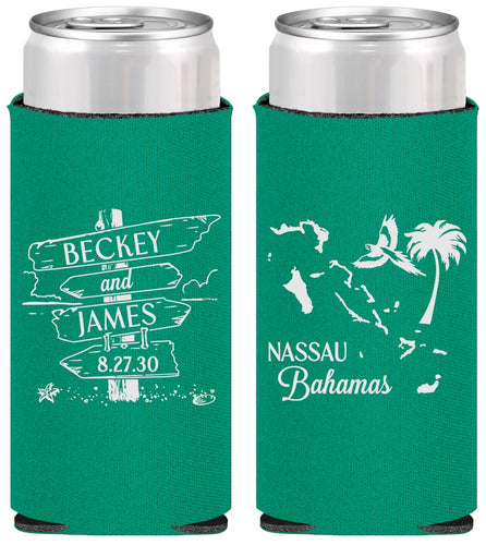 Personalized Wedding Slim Can Coolers - Bahamas | 507