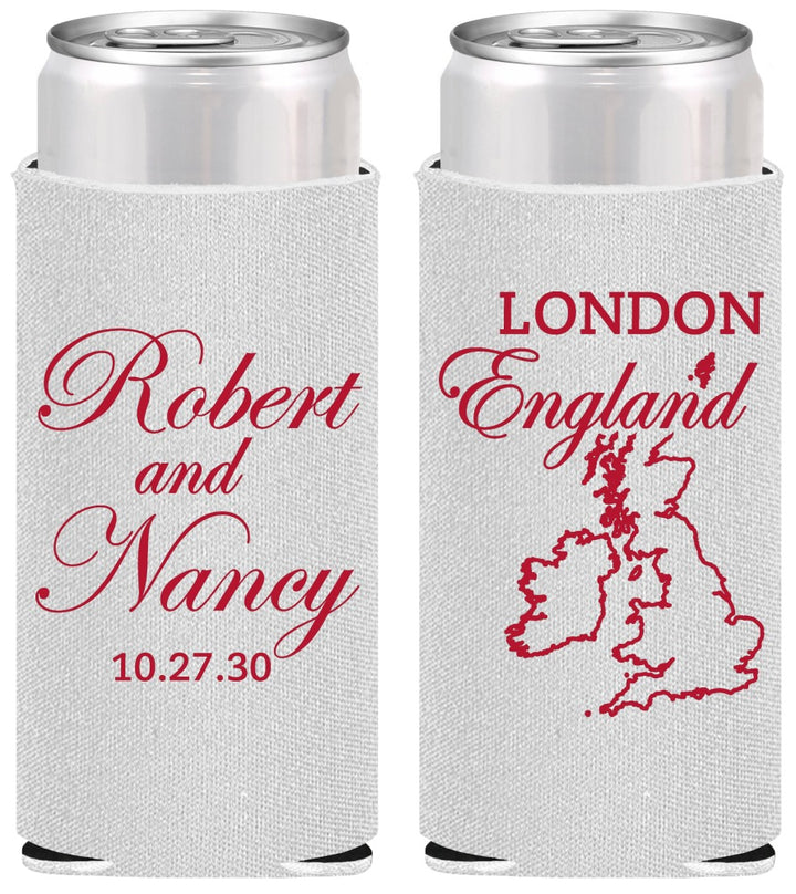 Personalized Wedding Slim Can Coolers - England | 548