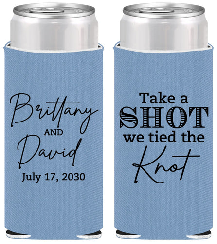 Personalized Wedding Slim Can Coolers - Take A Shot We Tied The Knot | 550