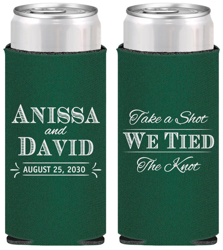 Personalized Wedding Slim Can Coolers - Take A Shot We Tied The Knot | 551