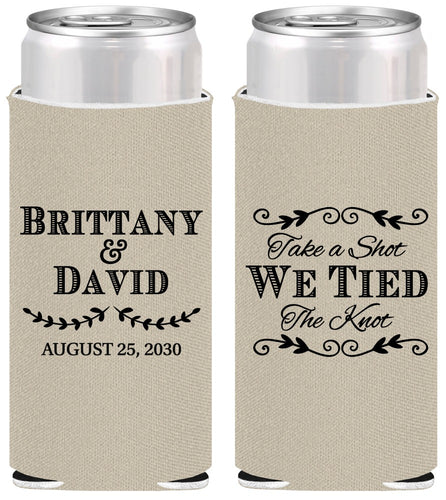 Personalized Wedding Slim Can Coolers - Take A Shot We Tied The Knot | 552