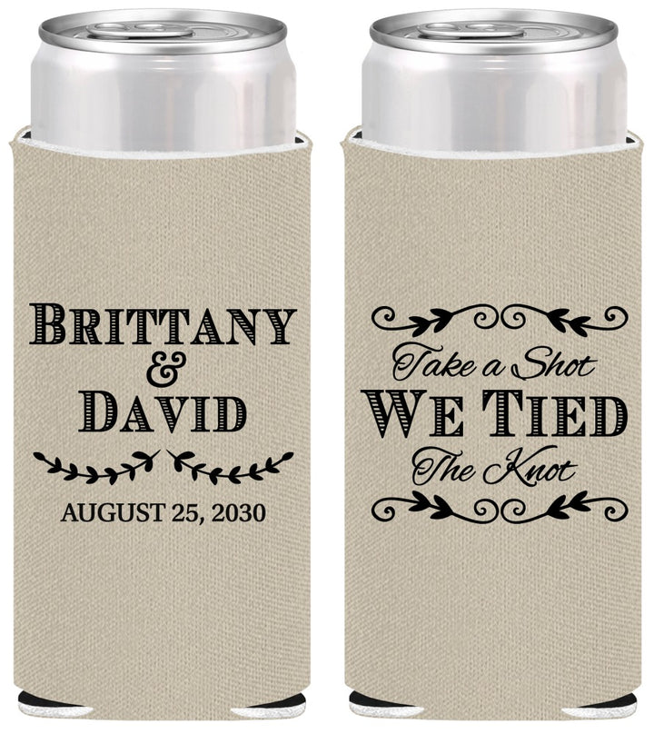 Personalized Wedding Slim Can Coolers - Take A Shot We Tied The Knot | 552