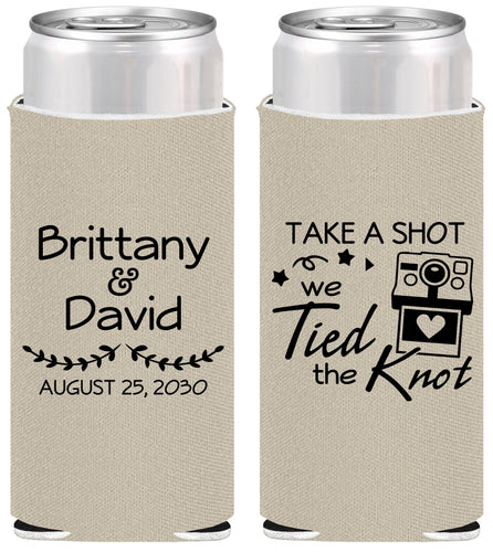 Personalized Wedding Slim Can Coolers - Take A Shot We Tied The Knot | 553