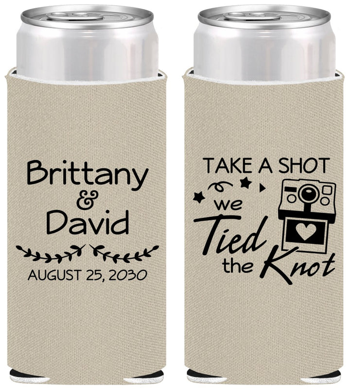 Personalized Wedding Slim Can Coolers - Take A Shot We Tied The Knot | 553