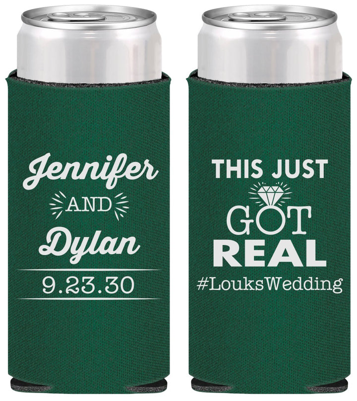 Personalized Wedding Slim Can Coolers - Just Got Real | 557