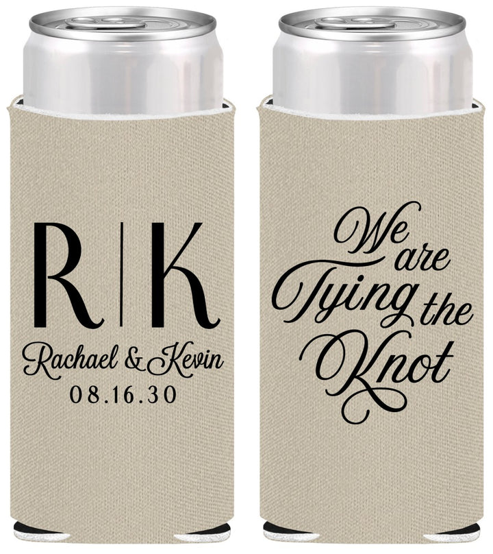 Personalized Wedding Slim Can Coolers - Monogram Tying Knot | 559