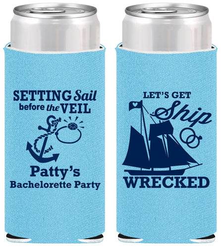 Personalized Bachelorette Slim Can Coolers - Lets Get Ship Wrecked | 60011