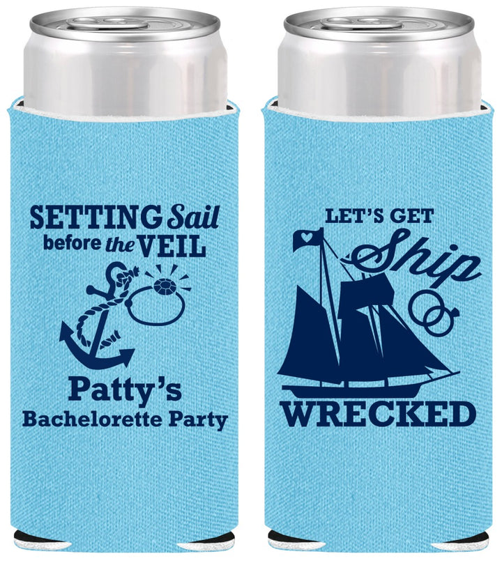 Personalized Bachelorette Slim Can Coolers - Lets Get Ship Wrecked | 60011