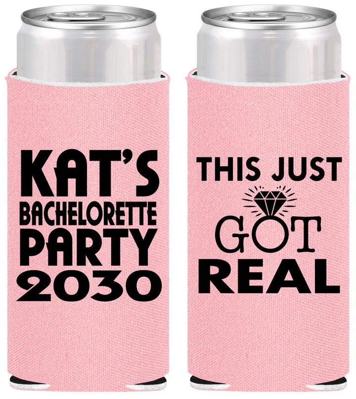 Personalized Bachelorette Slim Can Coolers - This Just Got Real | 60013