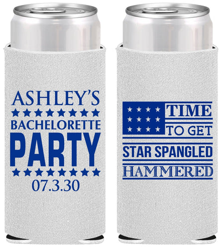 Personalized Bachelorette Slim Can Coolers - Star Spangled Hammered | 60025