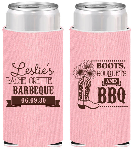 Personalized Bachelorette Slim Can Coolers - Boots Bouquets Bbq | 60035