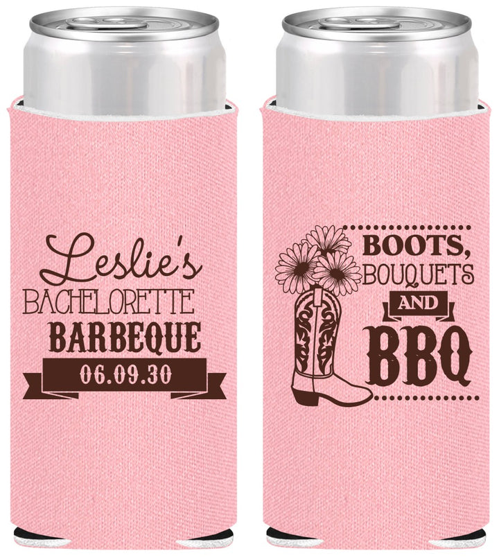 Personalized Bachelorette Slim Can Coolers - Boots Bouquets Bbq | 60035