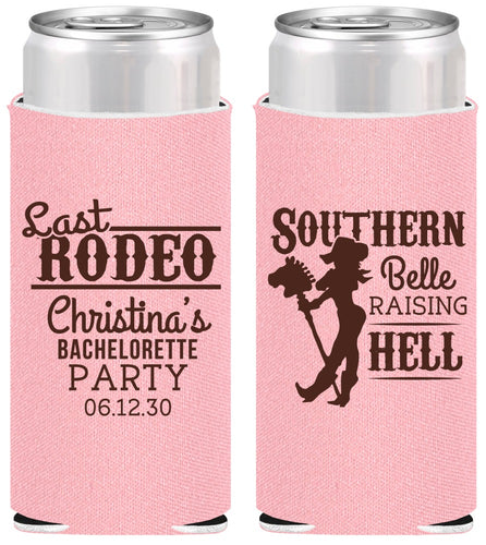 Personalized Bachelorette Slim Can Coolers - Raising Hell Last Rodeo | 60042