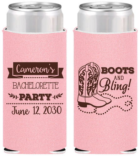 Personalized Bachelorette Slim Can Coolers - Boots And Bling | 60044