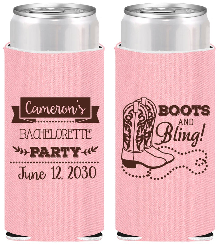 Personalized Bachelorette Slim Can Coolers - Boots And Bling | 60044