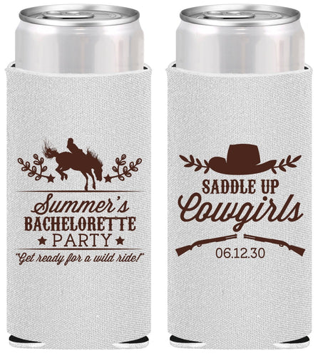 Personalized Bachelorette Slim Can Coolers - Saddle Up Cowgirls | 60045
