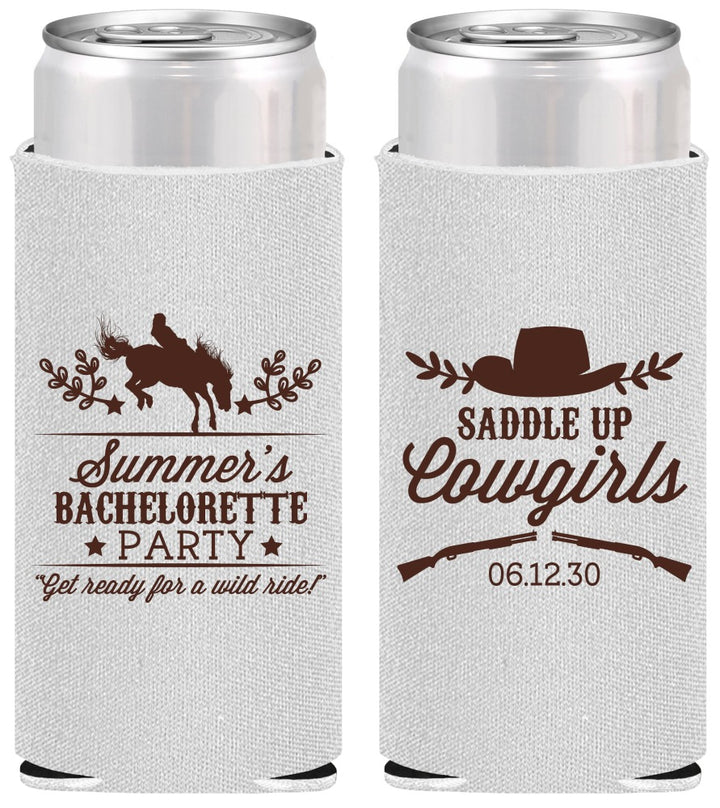 Personalized Bachelorette Slim Can Coolers - Saddle Up Cowgirls | 60045