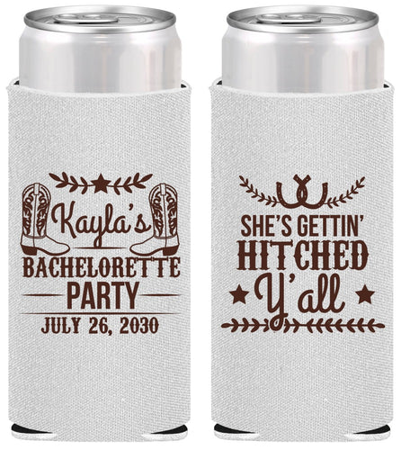 Personalized Bachelorette Slim Can Coolers - Getting Hitched Yall | 60047