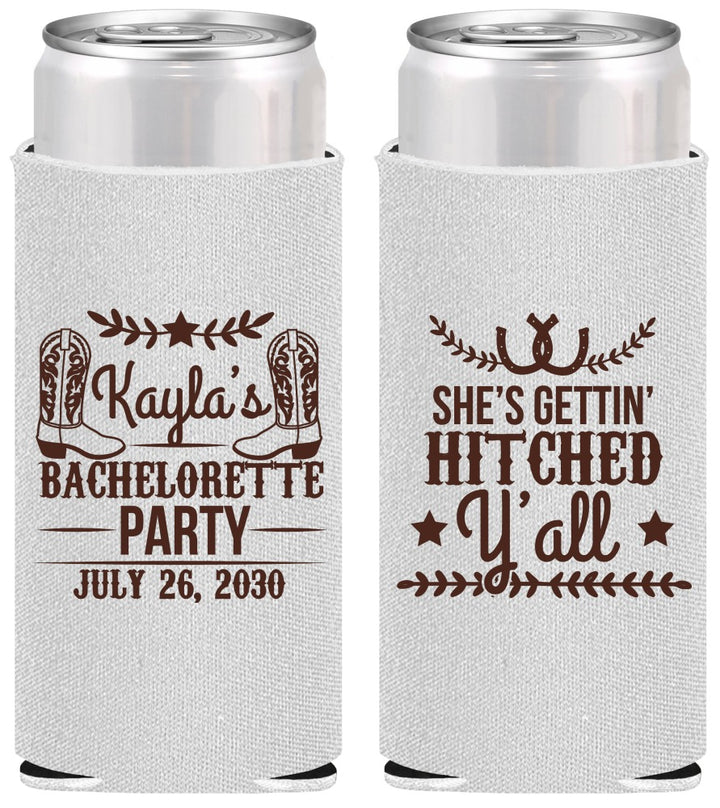 Personalized Bachelorette Slim Can Coolers - Getting Hitched Yall | 60047