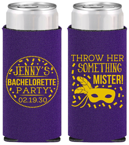Personalized Bachelorette Slim Can Coolers - Mardi Gras | 60055
