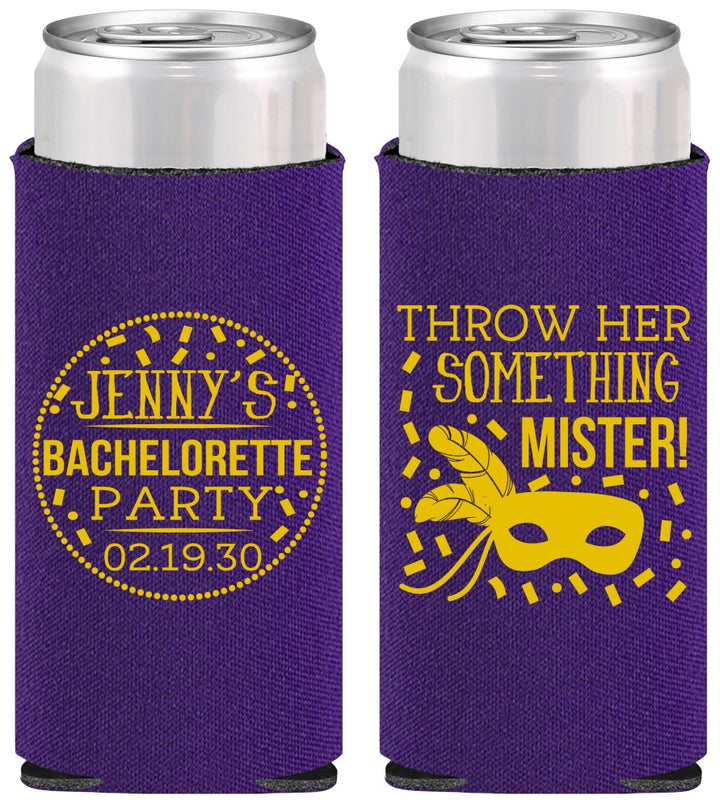 Personalized Bachelorette Slim Can Coolers - Mardi Gras | 60055