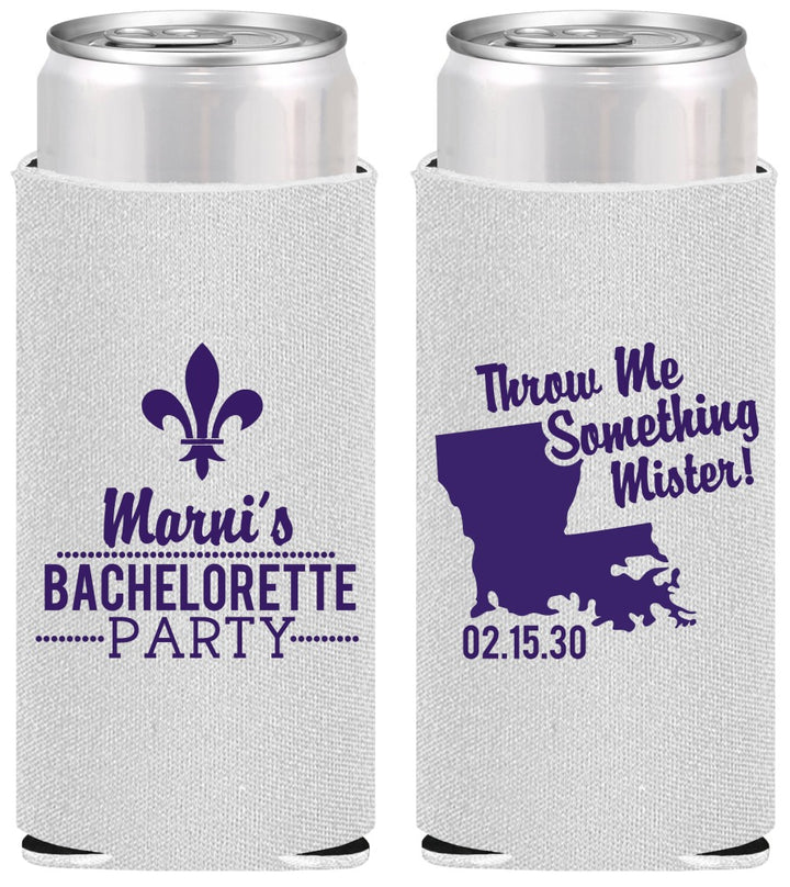 Personalized Bachelorette Slim Can Coolers - Mardi Gras | 60056