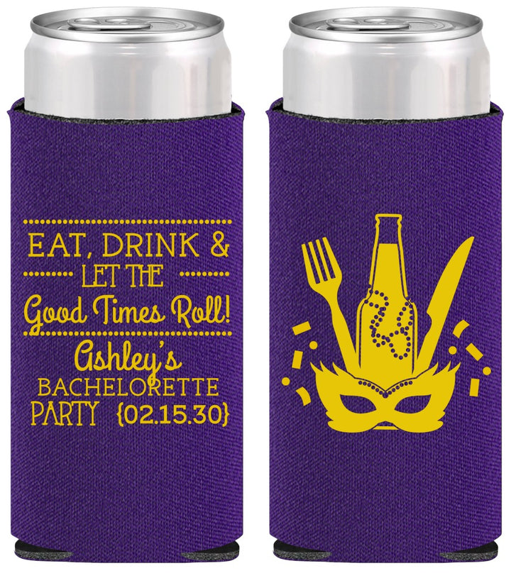 Personalized Bachelorette Slim Can Coolers - Mardi Gras | 60057