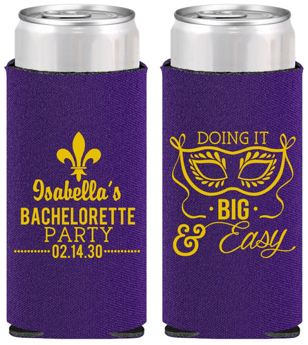 Personalized Bachelorette Slim Can Coolers - Mardi Gras | 60059
