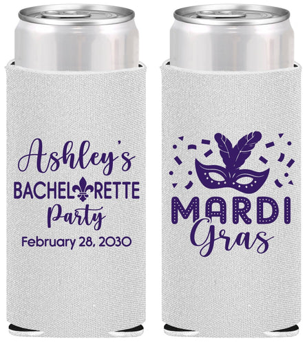 Personalized Bachelorette Slim Can Coolers - Mardi Gras | 60060
