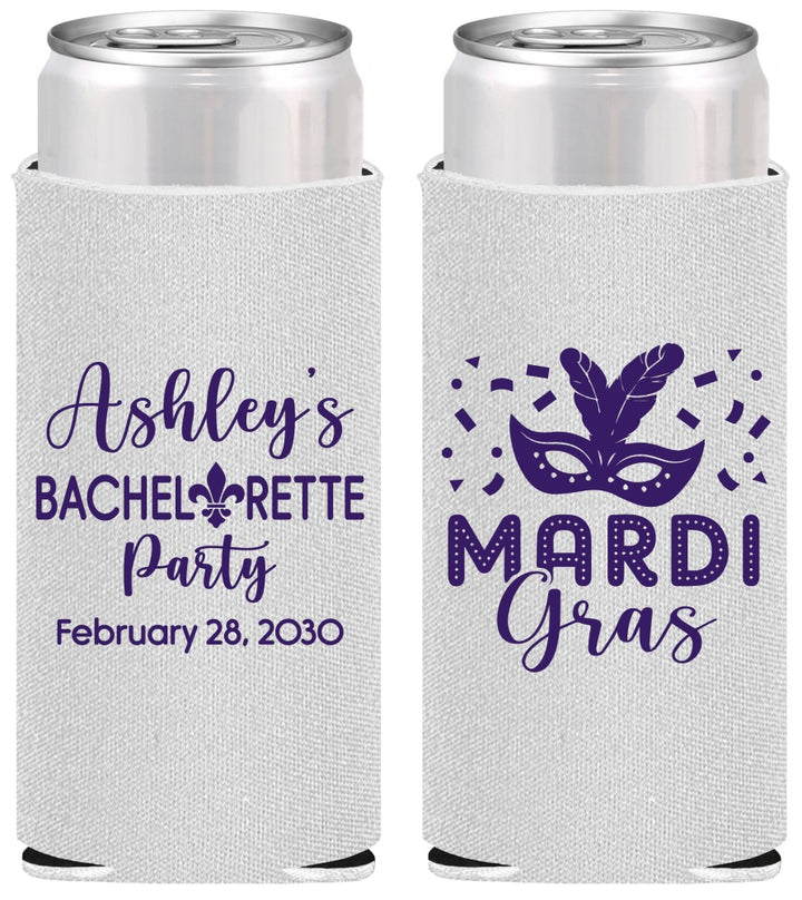 Personalized Bachelorette Slim Can Coolers - Mardi Gras | 60060