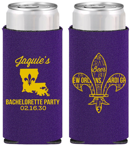 Personalized Bachelorette Slim Can Coolers - Mardi Gras | 60062