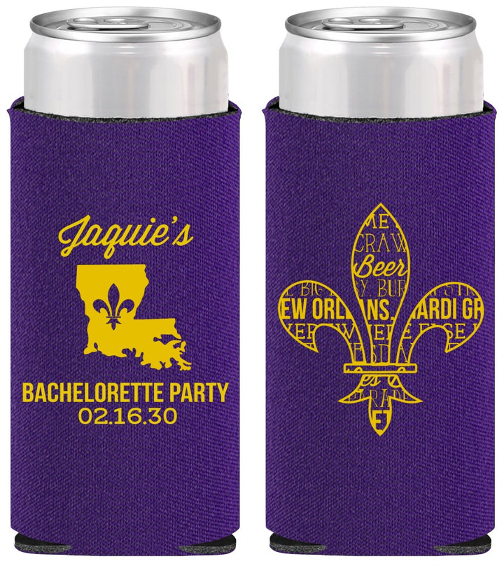 Personalized Bachelorette Slim Can Coolers - Mardi Gras | 60062