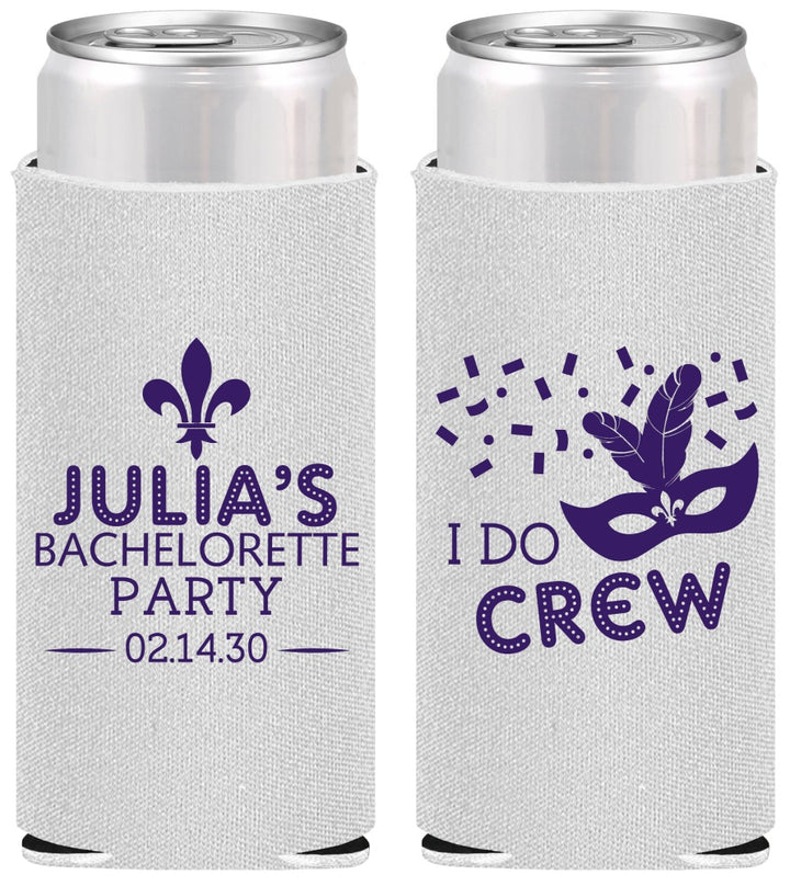 Personalized Bachelorette Slim Can Coolers - Mardi Gras I Do Crew | 60063